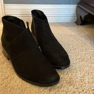 Black suede booties with low block heel